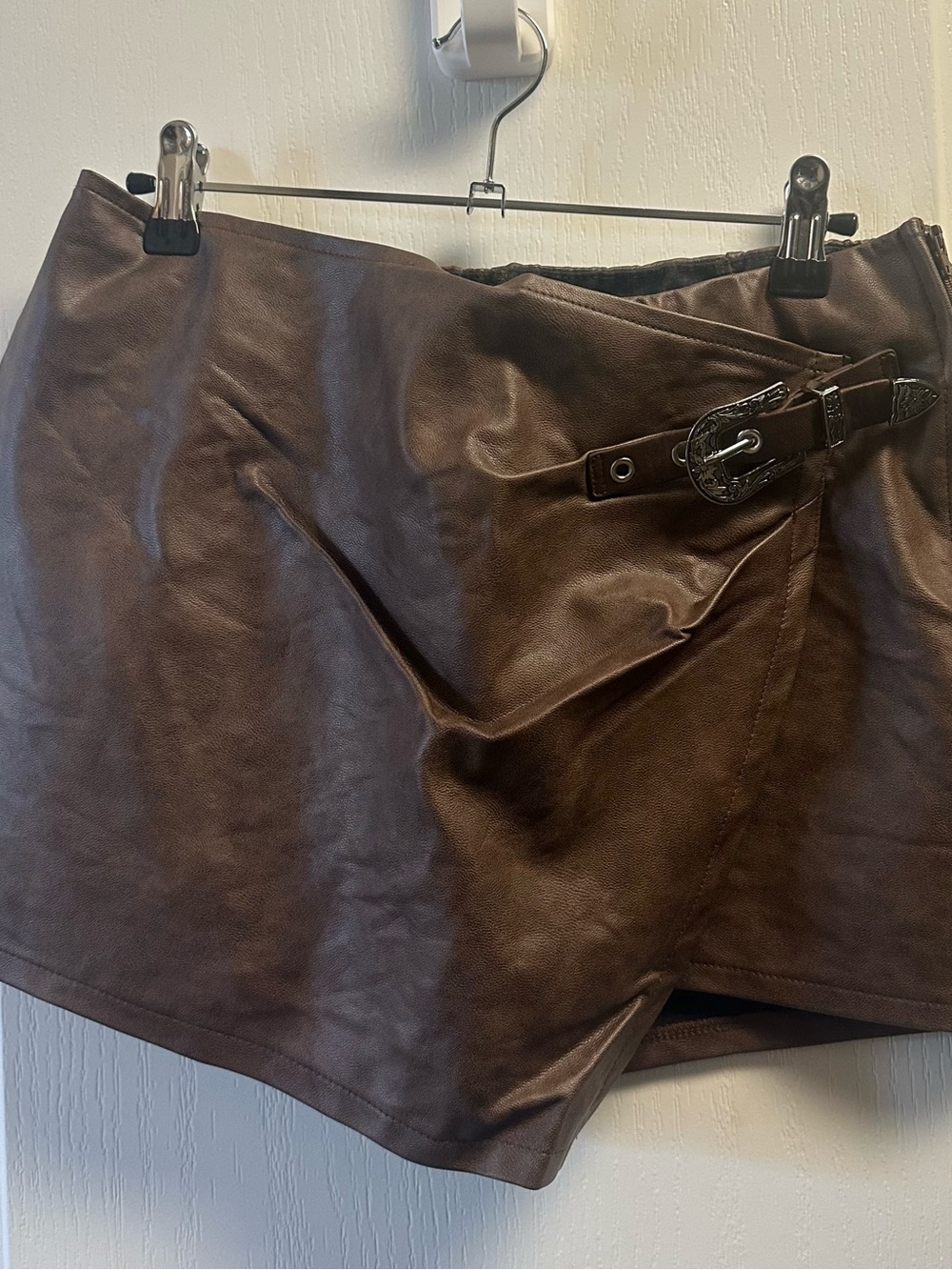 Women’s Faux Leather Brown Belted Skort